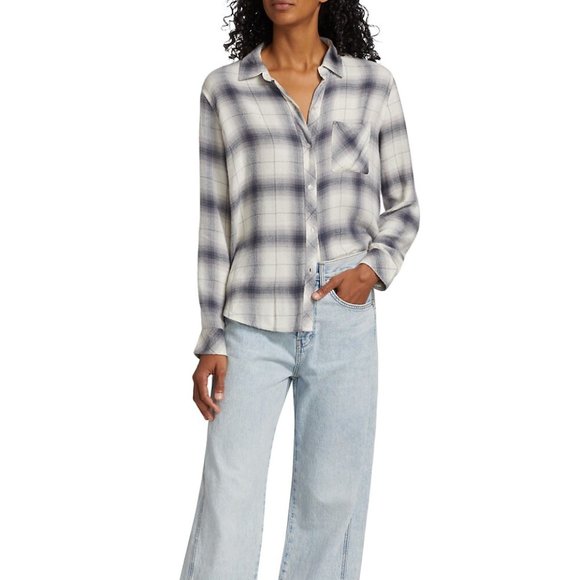 Rails Hunter Grey/White Button Front Long Sleeve Top - Picture 1 of 9